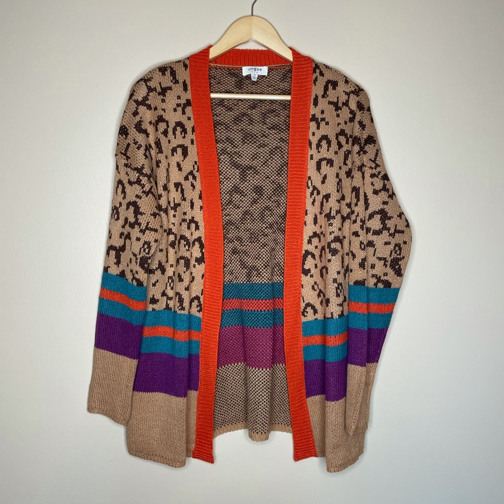 Umgee Leopard Cardigan with Orange, Purple, and Teal Accents